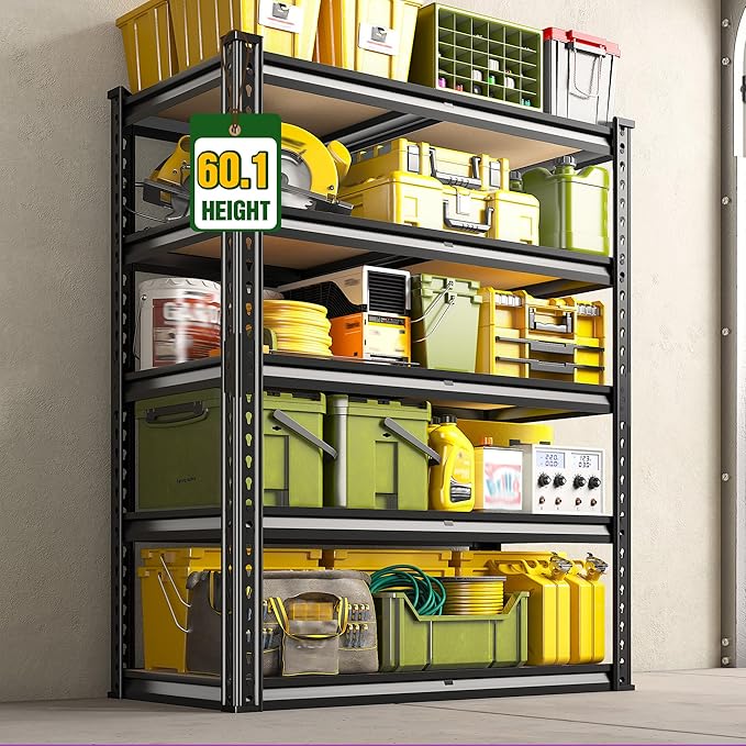 60.1" H Garage Storage Shelves 1990LBS Storage Shelves, 5 Tier Adjustable Metal Shelving, Garage Shelving for Storage, Basement, Warehouse, Pantry, Kitchen, 27.5" W x 11.9" D x 60.1" H, Black