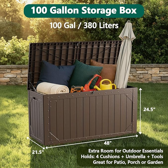 Outdoor Storage Box, 100 Gallon Deck Box Outdoor Storage Bench Outside Waterproof Resin Storage Bench, Lockable Patio Cushions, Garden Tools Storage For Furniture, UV Resistant(Brown)