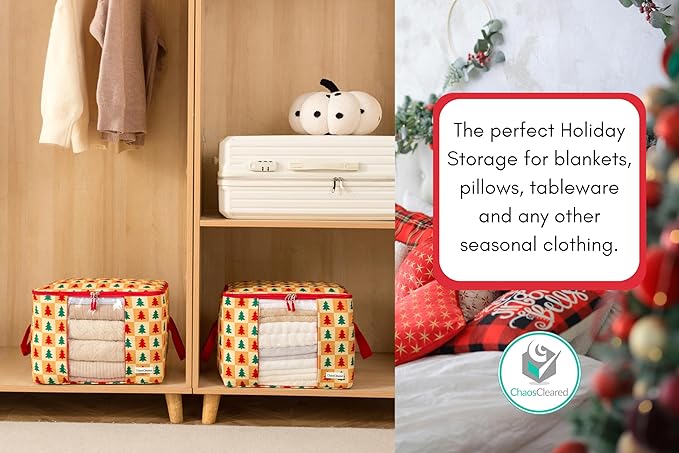 Designer Christmas Canvas Clothing Storage Bags 2 Pack Clothes Organizer bags for sweaters, clothing, garments, quilt, linens, large folding organizers with zip & window, moth proof space saver