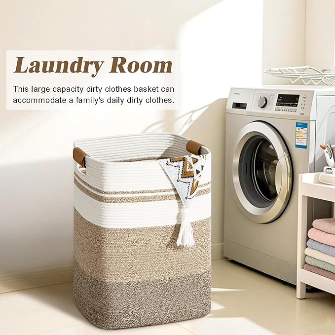 Laundry Hamper, 85L Tall Laundry Basket with Leather Handles, Rectangle Large Clothes Hamper for Organizing, Cotton Woven Laundry Baskets Storage Hampers for Bedroom, Nursery, Living Room