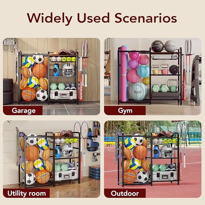 Garage Sports Equipment Organizer, Ball Storage for Gear and Toys, Large Capacity, Sports Organizer for Garage with Hooks and Baskets