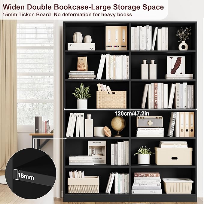 FACBOTALL Bookshelf and Bookcase, 6-Tier Double Wide Bookshelves, Freestanding Display Storage Shelves, Tall Bookcases for Home Decor Bedroom, Living Room, Home Office,Black