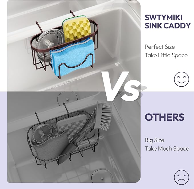 SWTYMIKI Sponge Holder for Kitchen Sink - Movable Kitchen Sink Caddy with M Shape Hook, Stainless Steel Hanging Sponge Caddy for Dish Sponge, Brush, Stopper Organizer in Double Bowl Sink, Bronze