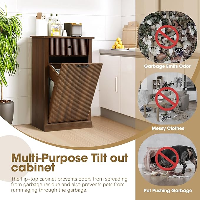 Grepatio Tilt Out Fluted Laundry Hamper Cabinet, 11 Gallon Hidden Laundry Hamper, Wooden Trash Can Cabinets with Drawer, Modern Garbage Can Cabinet for Bathroom, Kitchen, Living Room (Brown, Single)