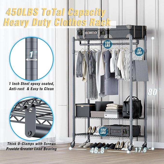 Homdox Rolling Clothes Rack Heavy Duty, 3-Tier Adjustable Wire Shelving Garment Organizer with Double Rods & Hooks, Portable Clothes Rack with Wheels, 17.72" D x 47.24" W x 80.71" H, Grey