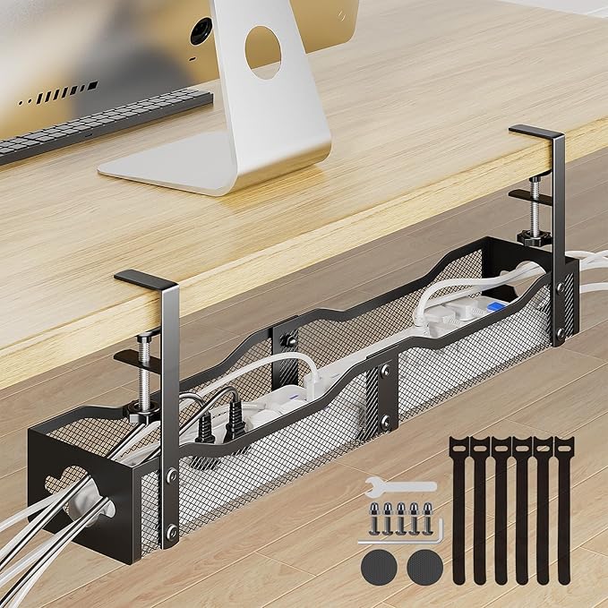 DELAMU 25'' Extended Under Desk Cable Management, No Dill Desk Cable Management with F-Clamp, Metal Cable Management Tray to Cord Organizer for Home Office, 1 Pack, Black