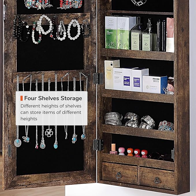 GISSAR Full Length Mirror Jewelry Cabinet, 6 LEDs Jewelry Armoire Wall Mounted Over The Door Hanging, Jewelry Organizer Storage with Lights Lockable, Vintage Brown, 14.6" x 47.2"