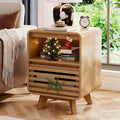 Fluted Night Stand Nightstand with Drawer Storage Grille Bed Side Table End Table Large Modern Wide Bedside Stand Tall Night Stands for Bedroom Living Room Sofa Couch Home Office, Natural Oak