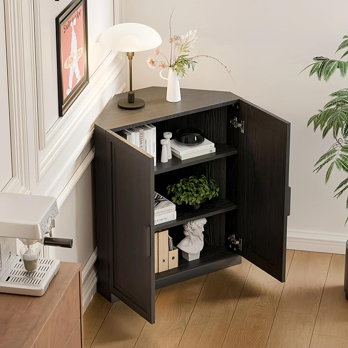 Casaphoria Farmhouse Corner Cabinet, Wooden Corner Storage Cabinet with Adjustable Shelves, Narrow Storage Organizer for Small Space, 36" H x 31" W x 16" D, 51Lb, Black