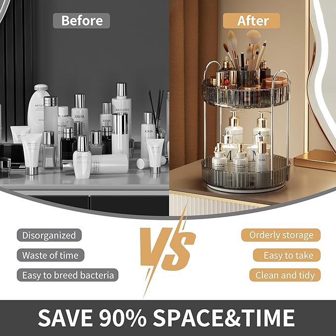 YCIA&DONE Rotating Makeup Organizer for Vanity, Large Capacity Make Up Storage Skin care Shelf Perfume Holders Cosmetic Dresser Organizer Countertop Spinning 360 (Smoky Gray, 1Tier)