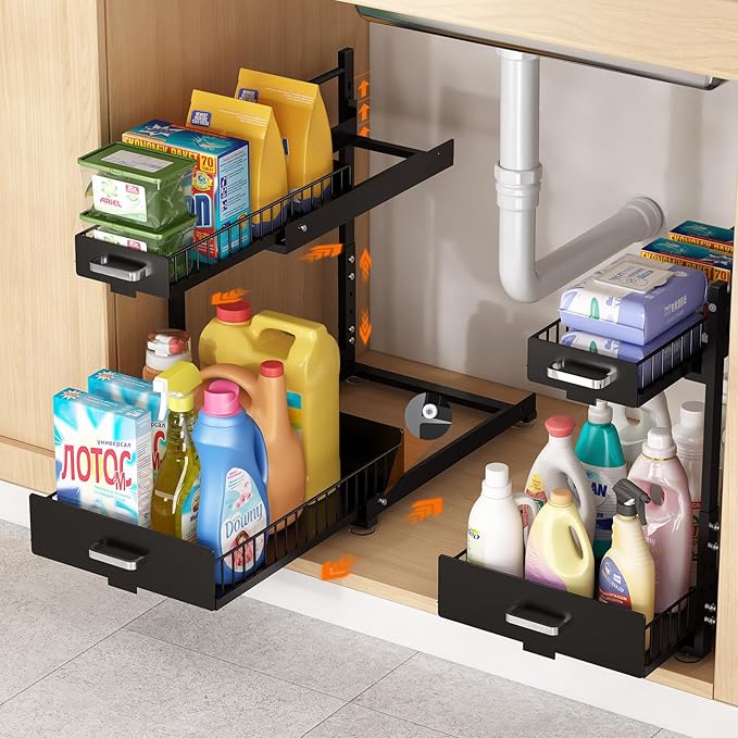 Under Sink Organizer,2 Tier Slide Out Kitchen Cabinet Organizers with Pulley,Under Bathroom Sink Pull Out Organizer with Multiple Height Adjustments for Kitchen and Bathroom Cabinets(Black)