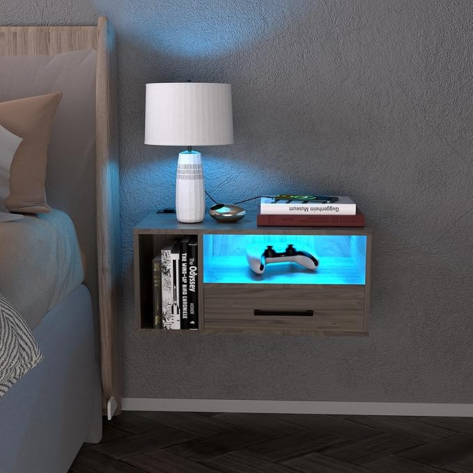 Homaterial Floating Nightstand with Charging Station and LED Lights, Floating Bedside Table with Drawers Wall Mounted Nightstands,for Bedroom Room, 21.3" x 11.8" x 10",Grayish Brown