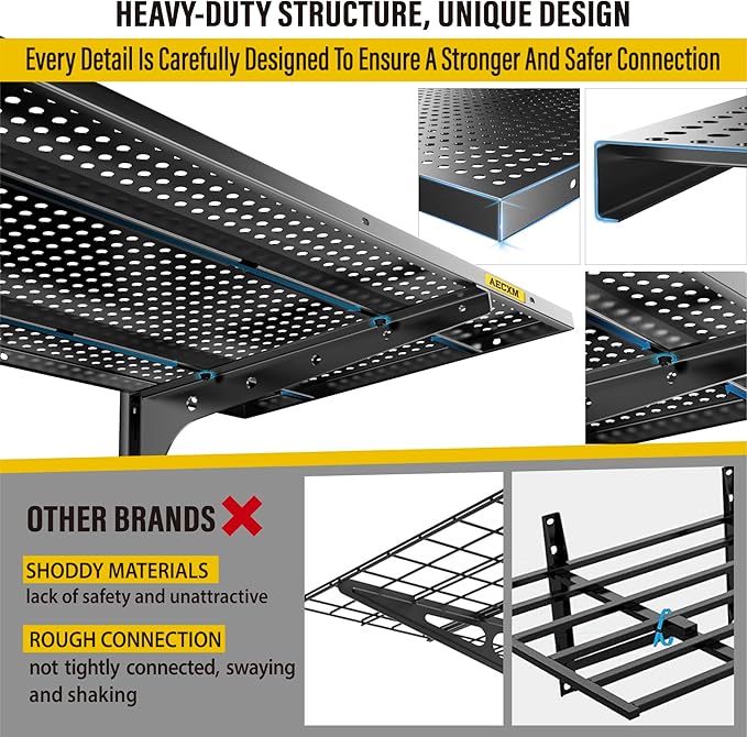 1pack×2 Tier 1.3x4ft Garage Shelving Wall Mounted, 260lbs Load Capacity，15.6x48inch per Shelf Height Cassette Adjustable Floating Shelves, Black