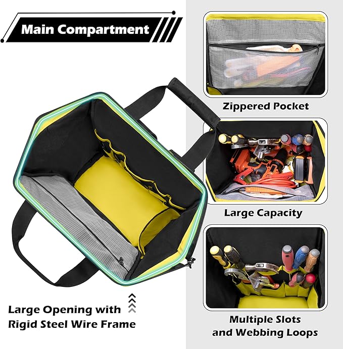 Tool Bag Backpack with Zipper Pouch and Magnetic Attraction Area, Heavy-Duty Tool Storage Organizer Bag, Tactical Work Tool Bag for Electrician, Repairman, HVAC Techs, Black
