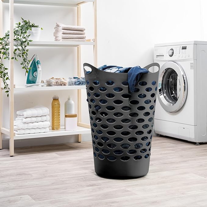 2.2 BUSHEL Flexible Laundry Basket,Tall plastic hamper for Clothes, Bedroom, and Storage - Portable Round Bin with Carry Handles 17.75" x 17.25" x 26", White,Black,3 pack (Black)