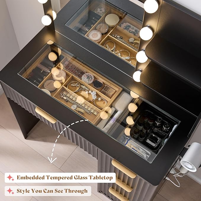 AMERLIFE 36.2" Fluted Vanity Desk with Mirror and Adjustable LED Lights, Large 4 Drawers Makeup Table with Glass Top and Charging Station for Women and Girls, Bedroom or Dorm, Black