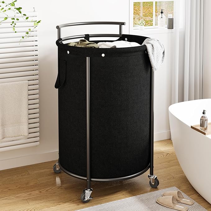 Chrislley 160L Double Laundry Hamper with Wheels, Rolling Laundry Basket with Removable Bag,Round Iron Laundry Cart with Steel Frame and Handle, Dirty Clothes Hamper Organizer for Dorm,Hoom(Black)