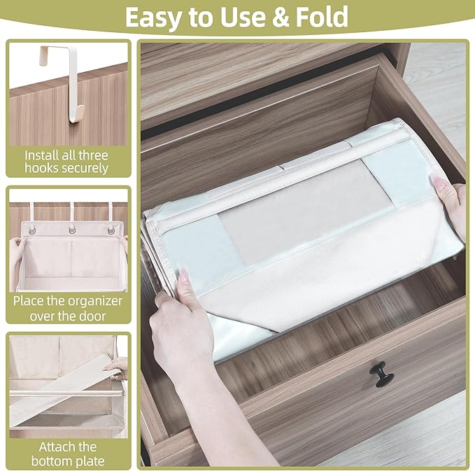 Over Door Organizer with 6 Extra Large Pockets 12 Side Pockets, Sturdy Closet Storage Rack, Hanging Storage Organizer with Clear Window for Shoes, Diapers, Toys, Bedroom, Bathroom, Beige