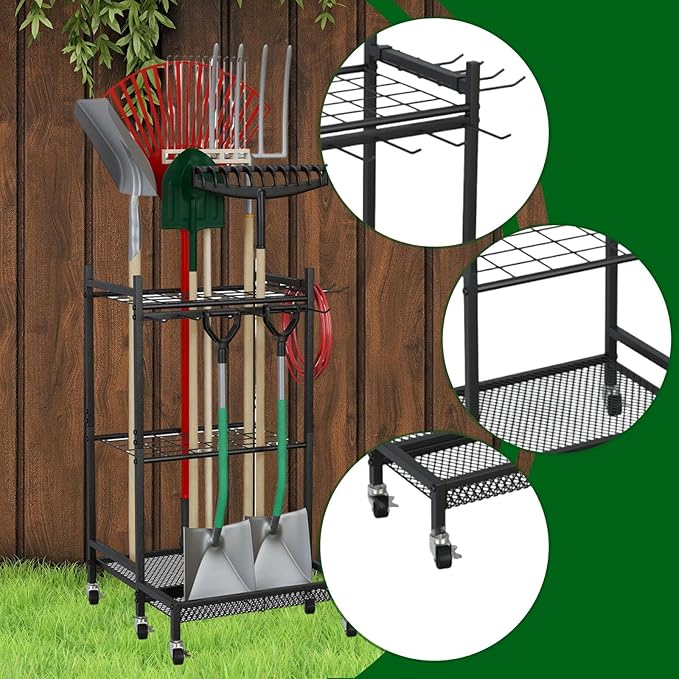 Garden Tool Organizer Garage Tools Organizer with Wheels for Simple Assembly for Shed Organization