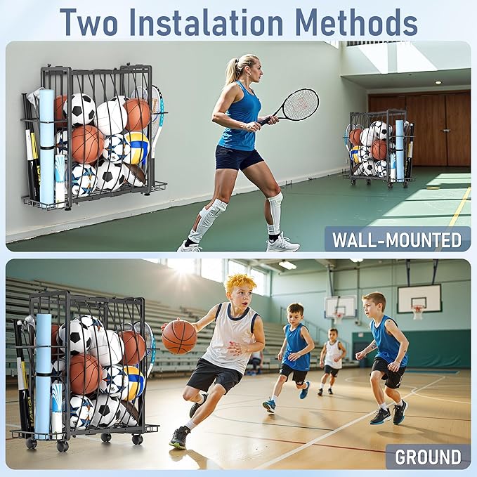 Sports Equipment Garage Organizer,Garage Ball Storage Rack for Sports with Wheels-Upgraded 3 Layers Organizer Rack Outdoor Basketball Racks for Balls with Holder and Hooks (Bright Black)