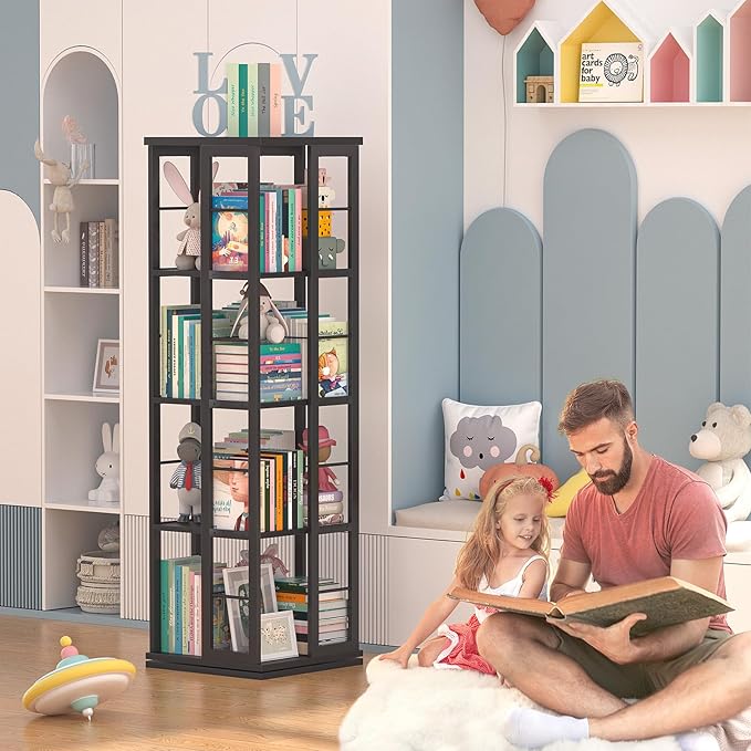 Aheaplus Rotating Bookshelf, Corner Bookshelf, 360 Display Wood Spinning Bookshelfs, Floor Standing Bookcase Narrow Shelf Revolving Organizer Storage Rack for Small Space, Bedroom, Study Room, Black