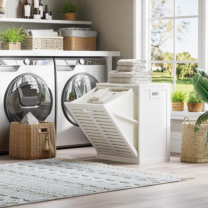HITNET Tilt Out Laundry Hamper Cabinet, Bathroom Laundry Cabinet with 16 Gallon Clothes Basket, Space Saving Freestanding Bamboo Storage Organizer for Towels and Toys, White