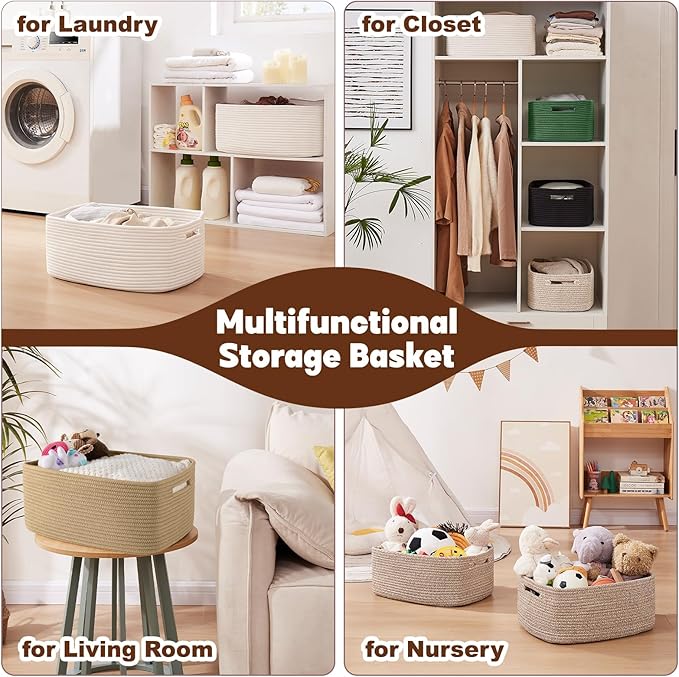 OIAHOMY Storage Basket for Shelves, Closet Cube Storage Bins Baskets for Clothes Blanket Towels, Baby Nursery, Toy Baskets Box, Woven Rope Basket, 15.75*11.81*7.09 ININ, 2 Packs Jute Yellow