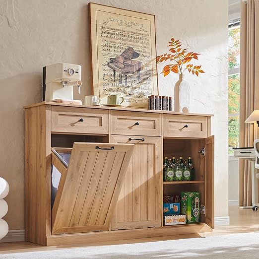 Triple Tilt Out Trash Can Cabinet, 20 Gallon Farmhouse Laundry Hamper Cabinet w/3 Drawers & Adjustable Shelf, Hidden Wooden Trash Can Cabinets with Storage Basket for Kitchen (Natural)