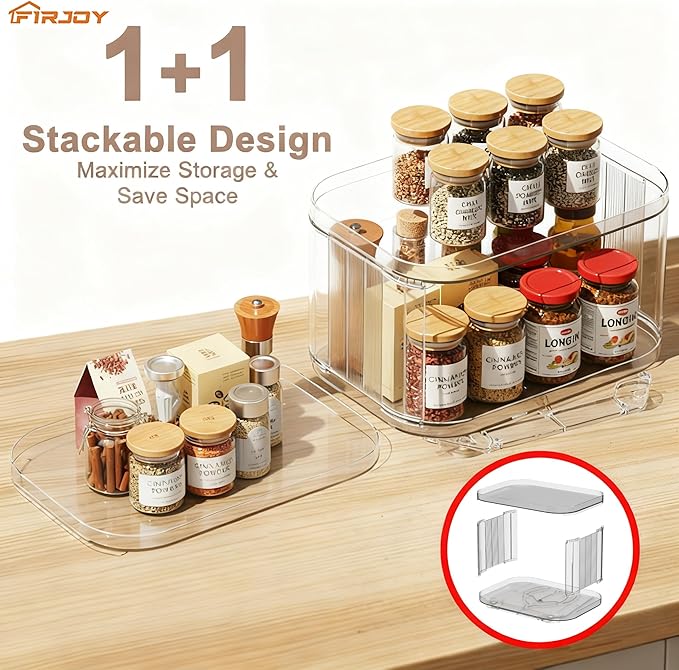 FIRJOY Lazy Susan Organizer for Cabinet, Pantry, Countertop (2 Tier 14" x 10" Clear - 2 Pack, Rectangular)