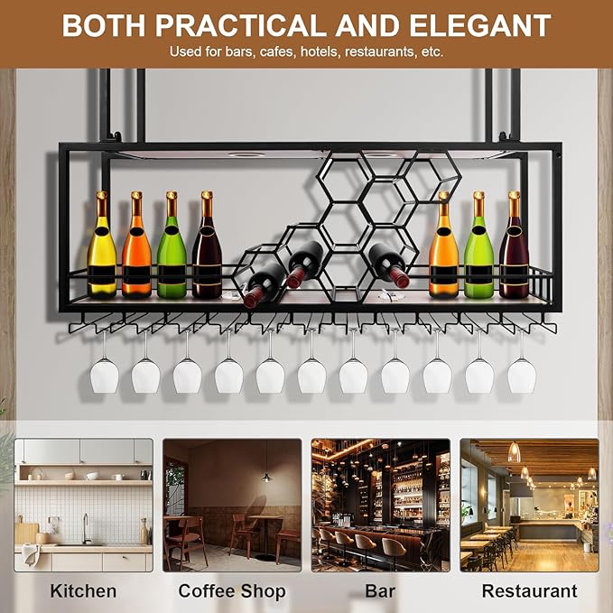 Metal Hanging Wine Rack Hanging Organizer Ceiling Bar Wine Glass Rack with Glass Holder and Shelf Multi Functionl Wine Bottle Holder Organizer, for Bar Cafe Kitchen