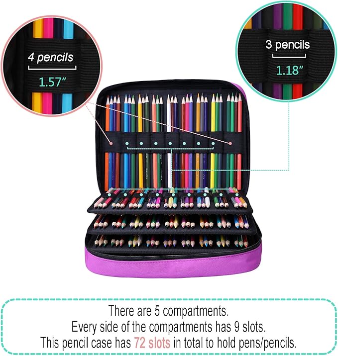 JAKAGO 220 Slots Colored Pencil Case Large Capacity Pen Holder for Artist Painter Zipper Organizer Bag for Marker Highlighter Storage Case for Office Sketch Travel Supplies (Purple)