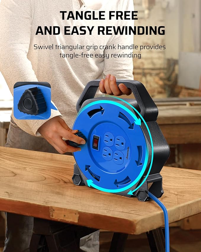 DEWENWILS Extension Cord Reel with 25 FT Power Cord, Hand Wind Retractable, 16/3 AWG SJTW, 4 Grounded Outlets, 13 Amp Circuit Breaker, Blue, Blue Cord, UL Listed