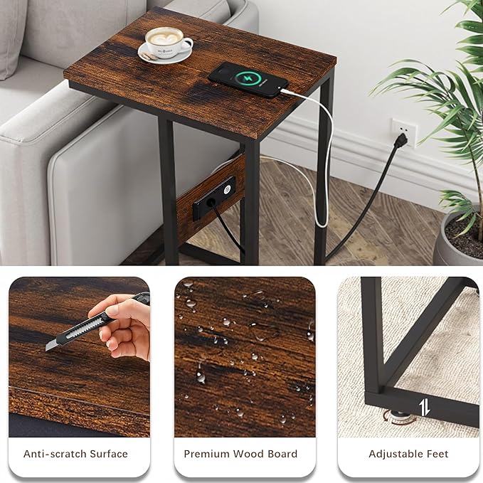VECELO C Shaped End Side Table with Charging Station & Power Outlets for Couch Sofa/Bed, Snack TV Tray with Metal Frame for Living Room Bedroom 2 PCS, Brown