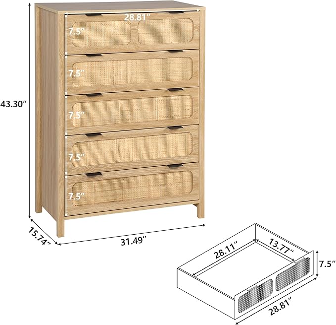 5 Drawer Dresser with Rattan Finish, Modern Farmhouse Chest of Drawers with Metal Handles, Accent Wood Storage Cabinet for Bedroom, Living Room (Natural)