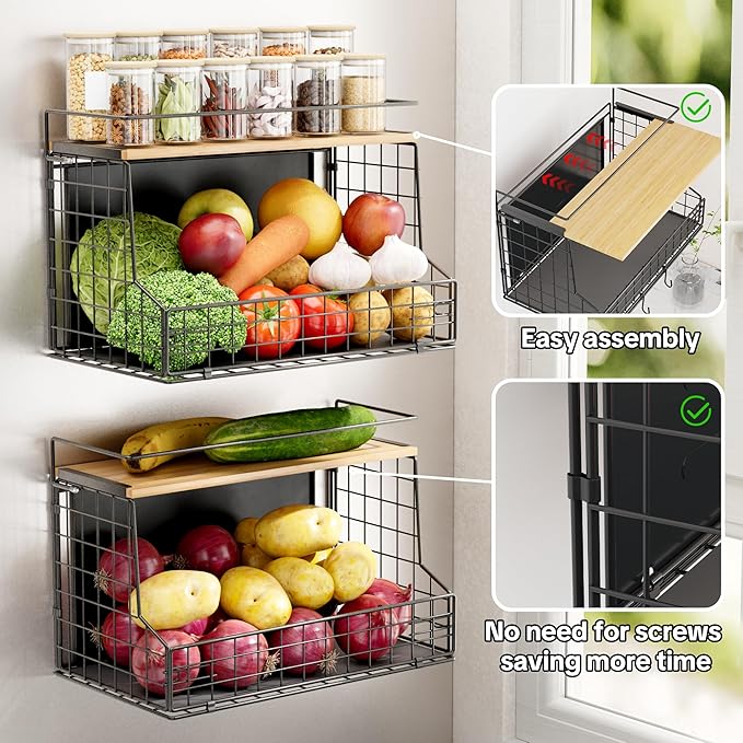 Magnetic Shelf for Fridge, Large Container Magnetic Spice Rack for Refrigerator, Fruit Potato and Onion Storage Bins, Magnetic Basket with Wood Lid, Kitchen Counter, Cabinet