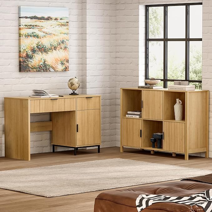 Fluted Storage Bookshelf Set of 2, Modern Wooden 6 Cube Bookcase with Doors and Open Shelf, 2-Tier Short Organizer Book Shelf for Living Room, Bedroom Natural Oak