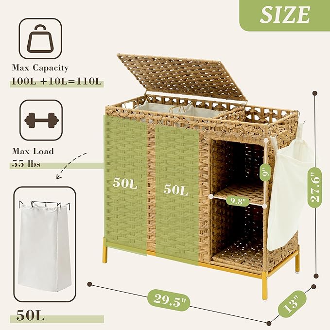 Laundry Hamper with Lid, 110L (29.1 Gal) Rattan Laundry Hamper 2 Section with 50L (13.2 Gal) Storage Shelf, Wicker Woven Laundry Sorter Basket with 3 Liner Bags and Handles, Natural GLH002N
