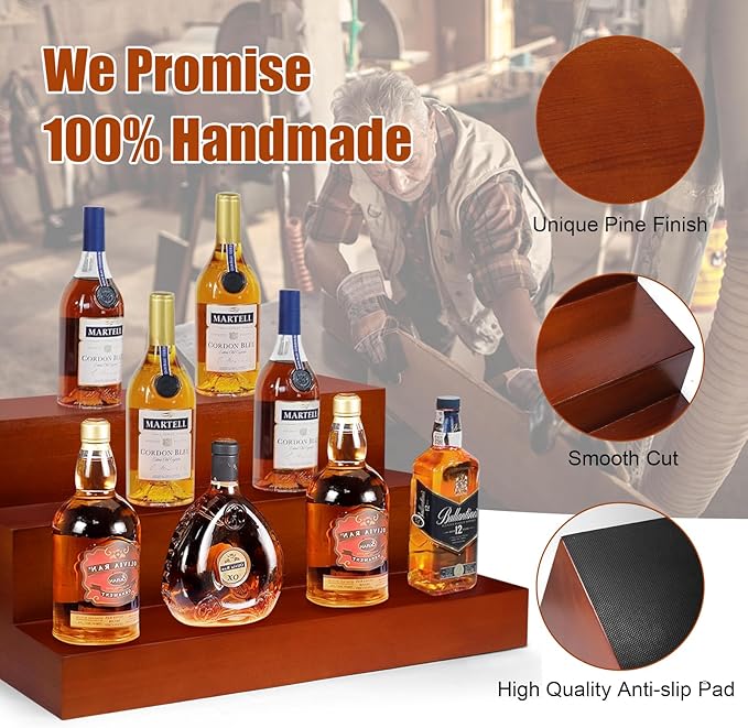 Liquor Bar Bottle Display Shelf, 3 Tier Solid Wood Liquor Bottle Stand, Bar Liquor Shelves for Home, Bar, Kitchen