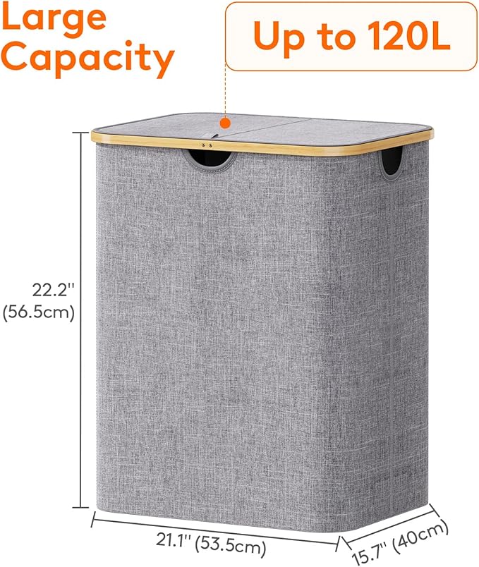 Lifewit 120L Large Laundry Hamper with Lid, Foldable 2 Section Laundry Basket with Bamboo Handles and Removable Bags for Laundry Room, Bathroom, Bedroom, Light Gray