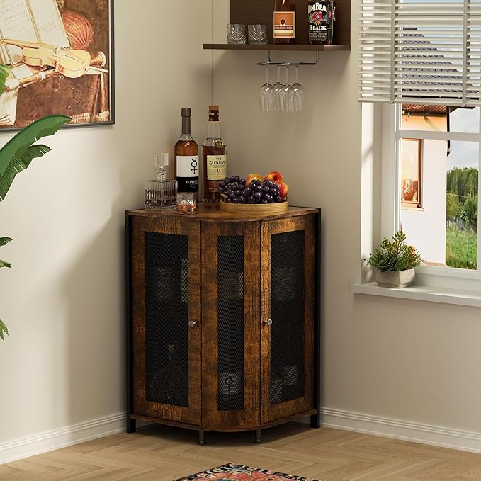 JKsmart Corner Storage Cabinet with Open Shelf, 3-Tier Industrial Wine Bar Shelf with Door, Industrial Corner Cabinet for Kitchen, Living Room, Dining Room, Rustic Brown