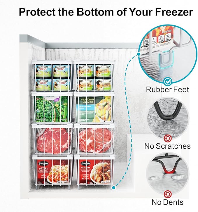 iSPECLE Freezer Organizer Bins - 6 Pack Small Stackable Deep Freezer Organizer Bins for 7 Cu.Ft Freezers Easy Get Bottom Foods without Digging, Chest Freezer Organizer Prevent Frozen Food Waste, White