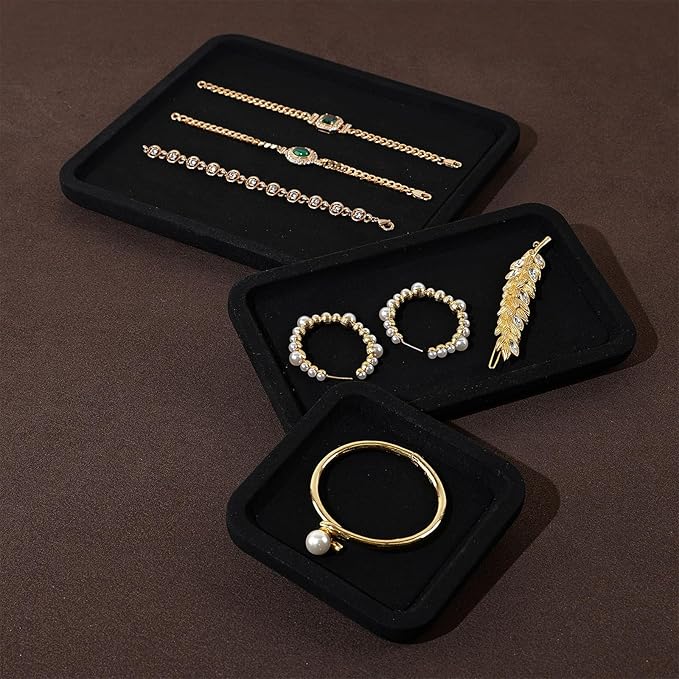Microfiber Jewelry Display Flat Tray for Rings Earrings Necklace Bracelet, Jewelry Photograph Display Catchall Organizer Tray Dish(L,Black)