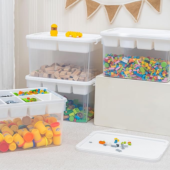 Citylife 32 QT Stackable Toy Storage with Building Baseplate Lid and Removable Tray Tool Box Organizer Storage Bins with Lids for Organizing Bead, Tool, Sewing, 2 Packs