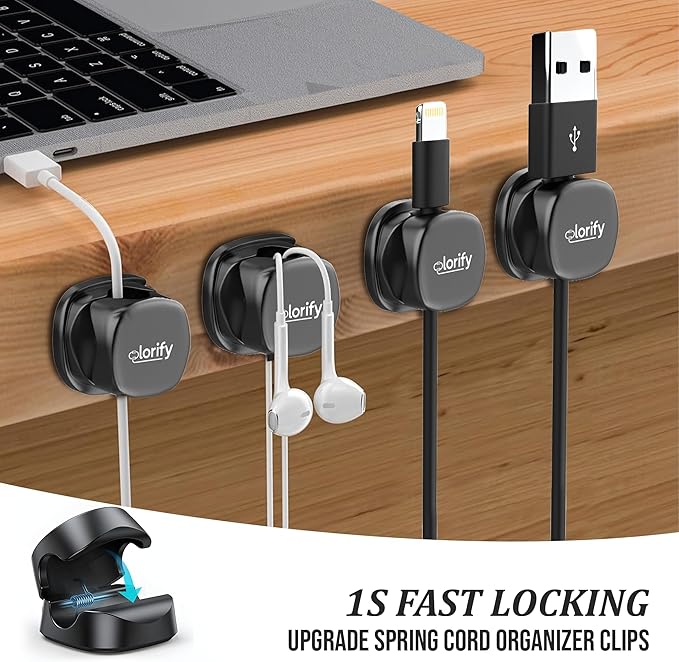 12 Pack Spring Cable Clips, Black Cord Organizer with Adhesive, Charging Cord Clips for Phone, Laptop, Nightstand & Desk, Cable Management for Office & Home Use
