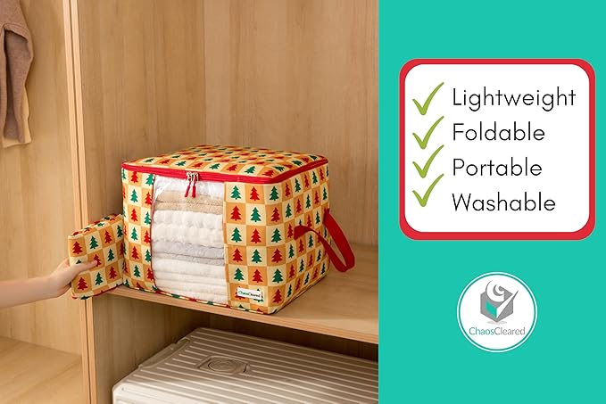 Designer Christmas Canvas Clothing Storage Bags 2 Pack Clothes Organizer bags for sweaters, clothing, garments, quilt, linens, large folding organizers with zip & window, moth proof space saver