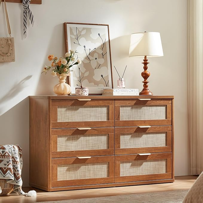 LEYAOYAO Rattan Dresser for Bedroom Set of 2, Boho 48" Wide 6 Drawer Dresser Chest of Drawers, Wood Dressers TV Stand with Metal Handle, Storage Dressers Closet Organizer for Living Room, Hallway