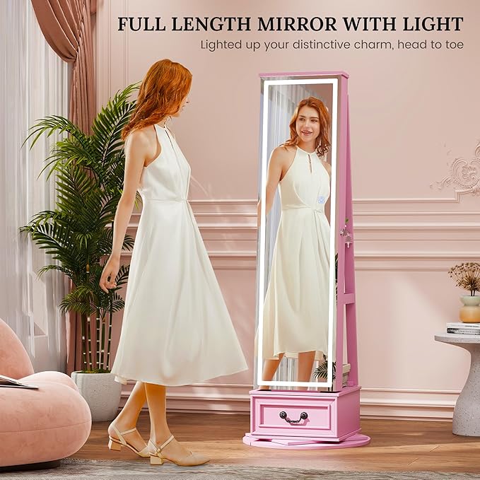LVSOMT LED Mirror Jewelry Cabinet Standing, 360°Swivel Jewelry Armoire with Full Length Mirror, Mirror with Jewelry Storage and Large Wooden Drawer for Christmas Gifts (Pink)