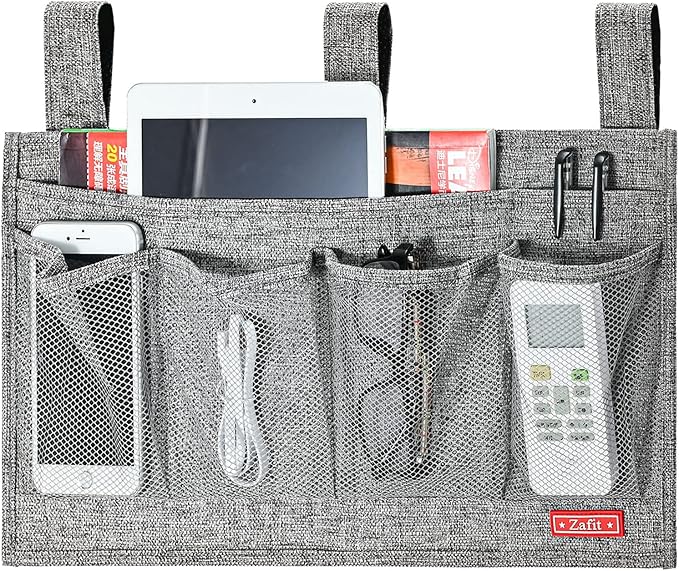 Linen Bedside Caddy, Bedside Storage Organizer for Hospital Beds, College Dorm Rooms or Baby Bed (6 Pockets-Grey)