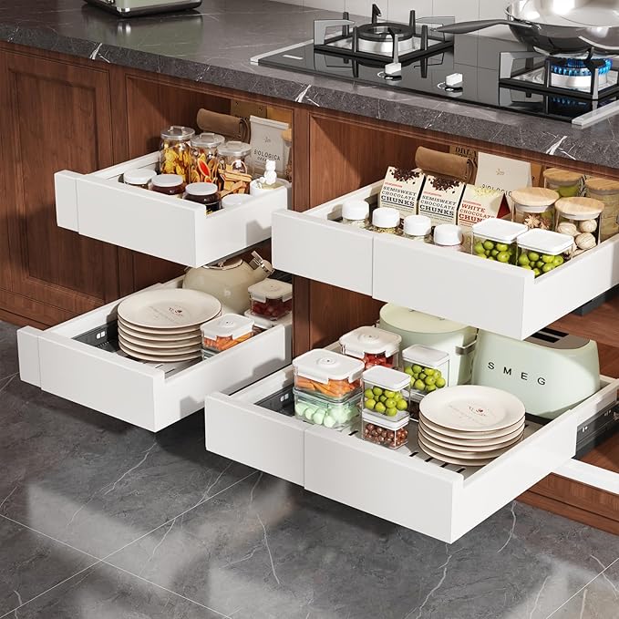1 Pack Pull Out Cabinet Organizer Expandable Width(11"-16") and Depth(13"-17"),Slide Out Drawers With Raising Pad for Framed Cabinets,No Drill Roll Out Shelves for kitchen,Bathroom,White