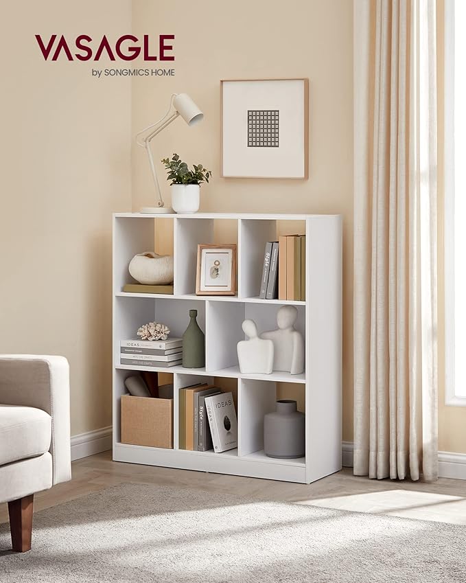 VASAGLE Bookcase, Bookshelf, Freestanding Storage Unit, 8 Open Compartments, Used Horizontally, Vertically, Upside Down, 11 x 35.4 x 39.4 Inches, for Living Room, Study, Office, Cloud White ULBC55WT